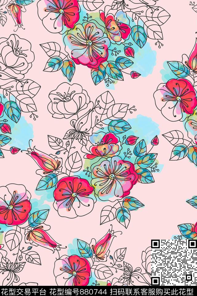 线描泼墨手绘数码印花华亿平台下载（图片编号: 880744） - 瓦栏（Walan）