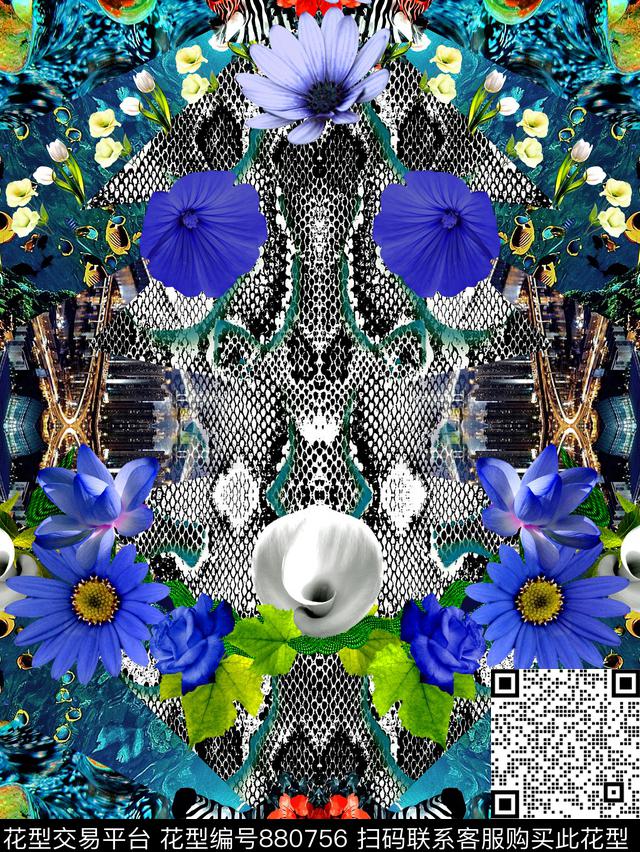 抽象几何花卉数码印花华亿平台下载（图片编号: 880756） - 瓦栏（Walan）