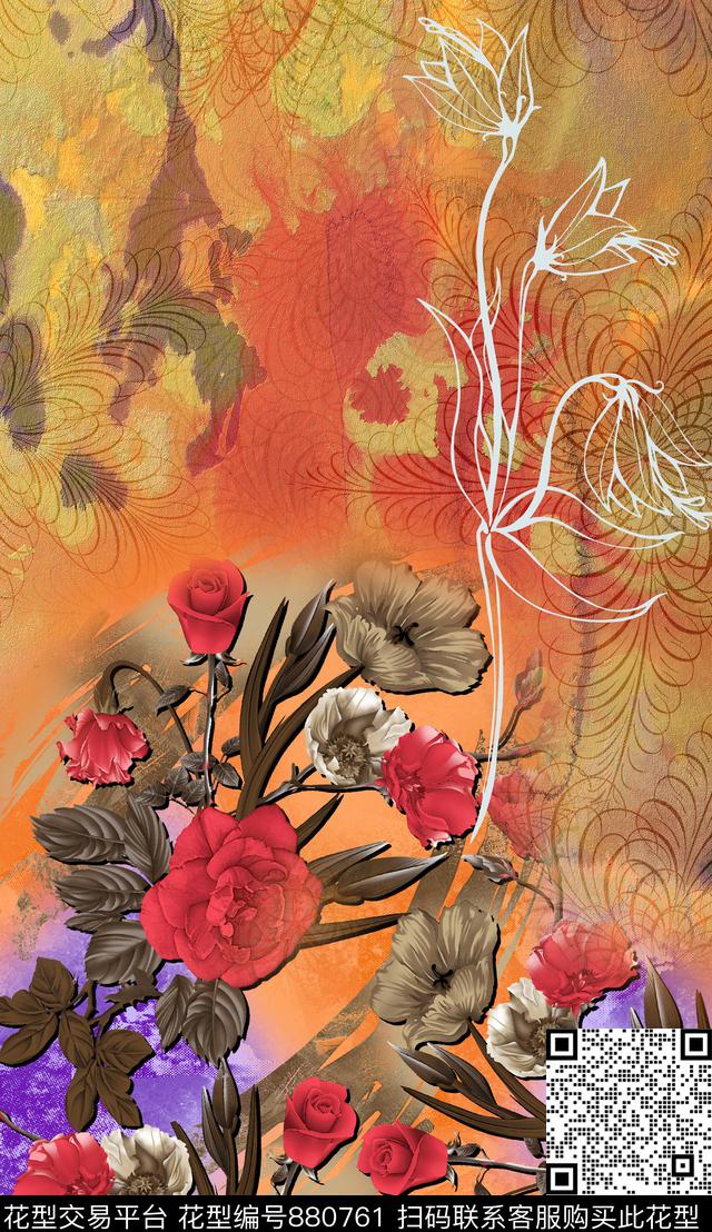 定位花卉花纹数码印花华亿平台下载（图片编号: 880761） - 瓦栏（Walan）