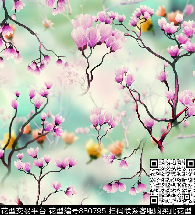花卉玉兰花小清新数码印花华亿平台下载（图片编号: 880795） - 瓦栏（Walan）