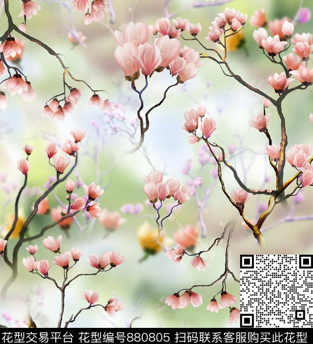花卉玉兰花小清新数码印花华亿平台下载（图片编号: 880805） - 瓦栏（Walan）