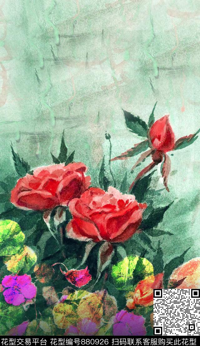 定位线描花卉数码印花华亿平台下载（图片编号: 880926） - 瓦栏（Walan）