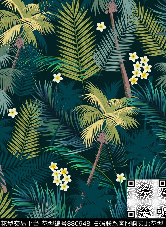 植物叶子热带数码印花华亿平台下载（图片编号: 880948） - 瓦栏（Walan）
