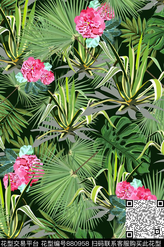 植物花卉叶子数码印花华亿平台下载（图片编号: 880958） - 瓦栏（Walan）