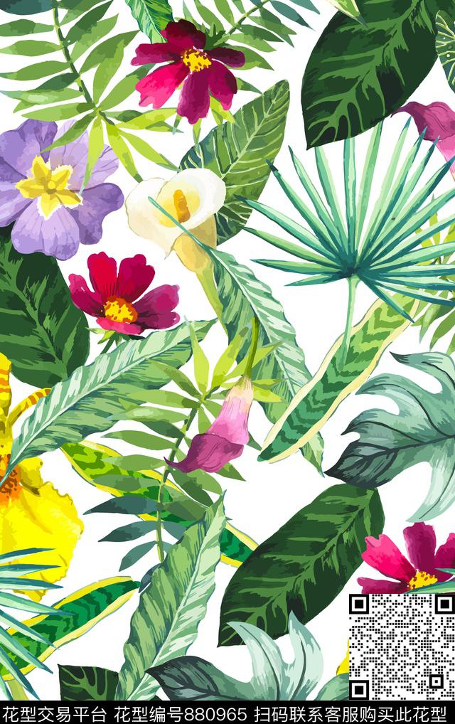 植物花卉叶子数码印花华亿平台下载（图片编号: 880965） - 瓦栏（Walan）