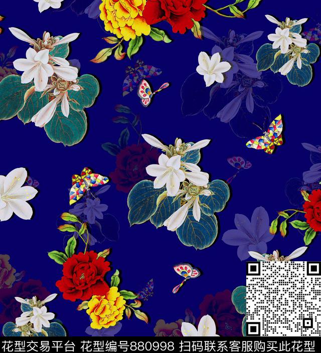 花卉牡丹蝴蝶数码印花华亿平台下载（图片编号: 880998） - 瓦栏（Walan）
