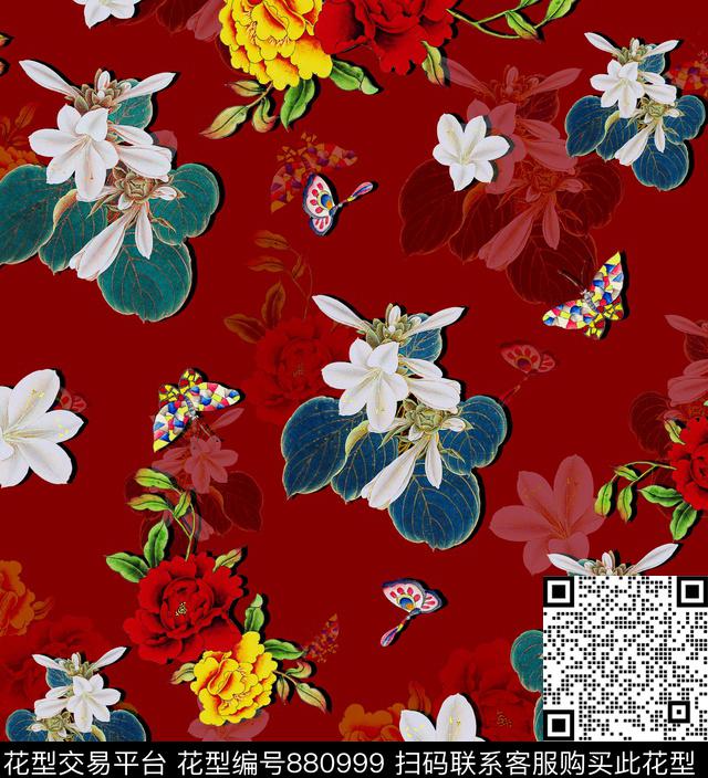 花卉牡丹蝴蝶数码印花华亿平台下载（图片编号: 880999） - 瓦栏（Walan）