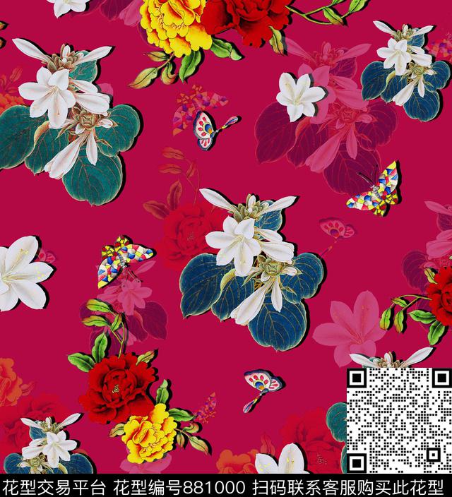 花卉牡丹蝴蝶数码印花华亿平台下载（图片编号: 881000） - 瓦栏（Walan）