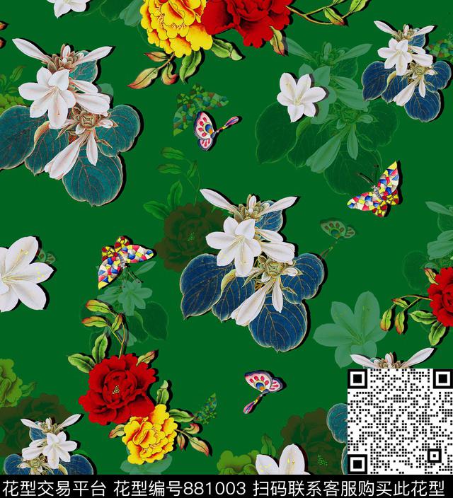花卉牡丹蝴蝶数码印花华亿平台下载（图片编号: 881003） - 瓦栏（Walan）