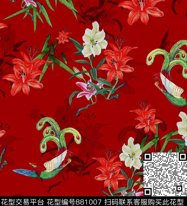 花卉牡丹蝴蝶数码印花华亿平台下载（图片编号: 881007） - 瓦栏（Walan）