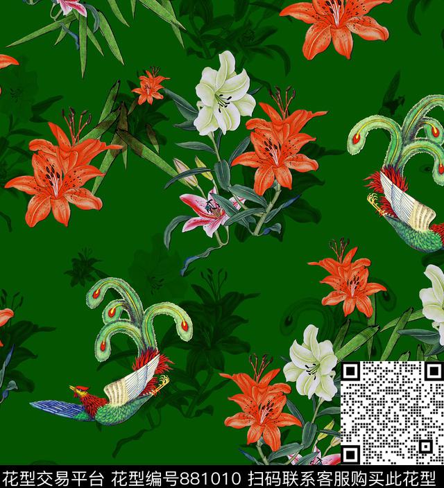 花卉牡丹蝴蝶数码印花华亿平台下载（图片编号: 881010） - 瓦栏（Walan）