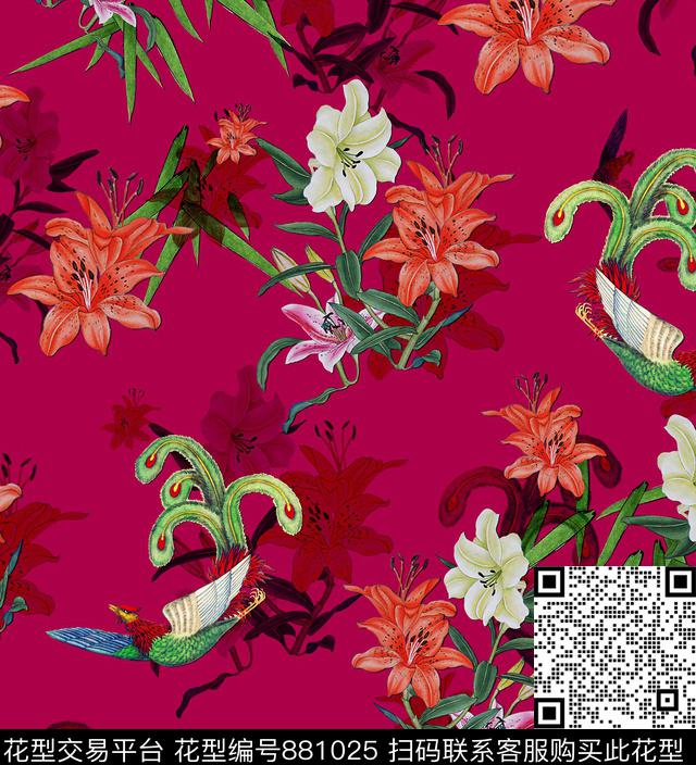 花卉牡丹蝴蝶数码印花华亿平台下载（图片编号: 881025） - 瓦栏（Walan）