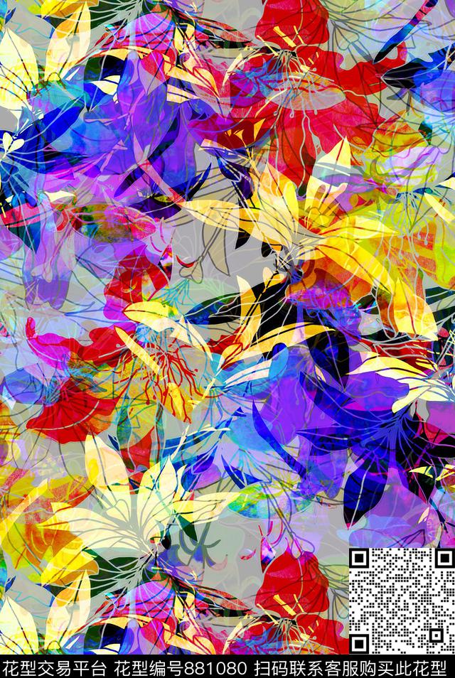 大花花朵花卉数码印花华亿平台下载（图片编号: 881080） - 瓦栏（Walan）