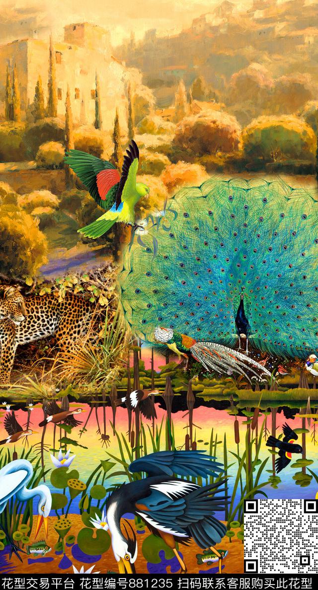民族风孔雀风景数码印花华亿平台下载（图片编号: 881235） - 瓦栏（Walan）