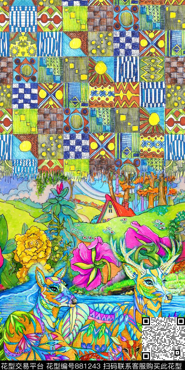 民族风风景鹿数码印花华亿平台下载（图片编号: 881243） - 瓦栏（Walan）