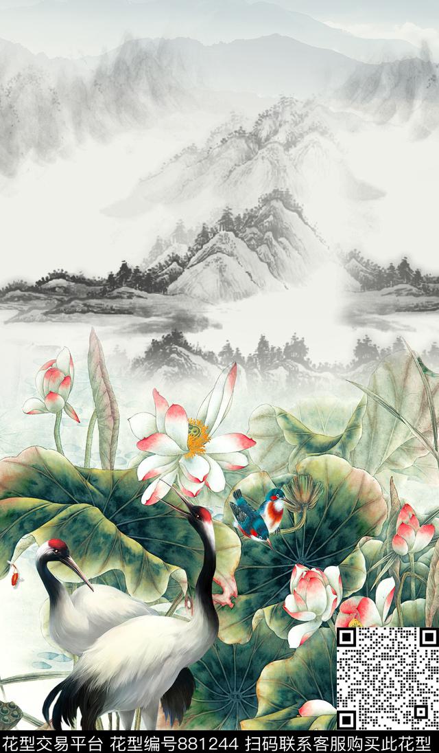 国画水墨荷花山水画数码印花华亿平台下载（图片编号: 881244） - 瓦栏（Walan）