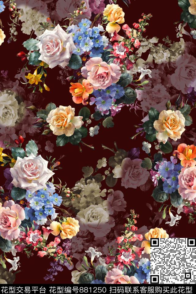 玫瑰花卉油画数码印花华亿平台下载（图片编号: 881250） - 瓦栏（Walan）