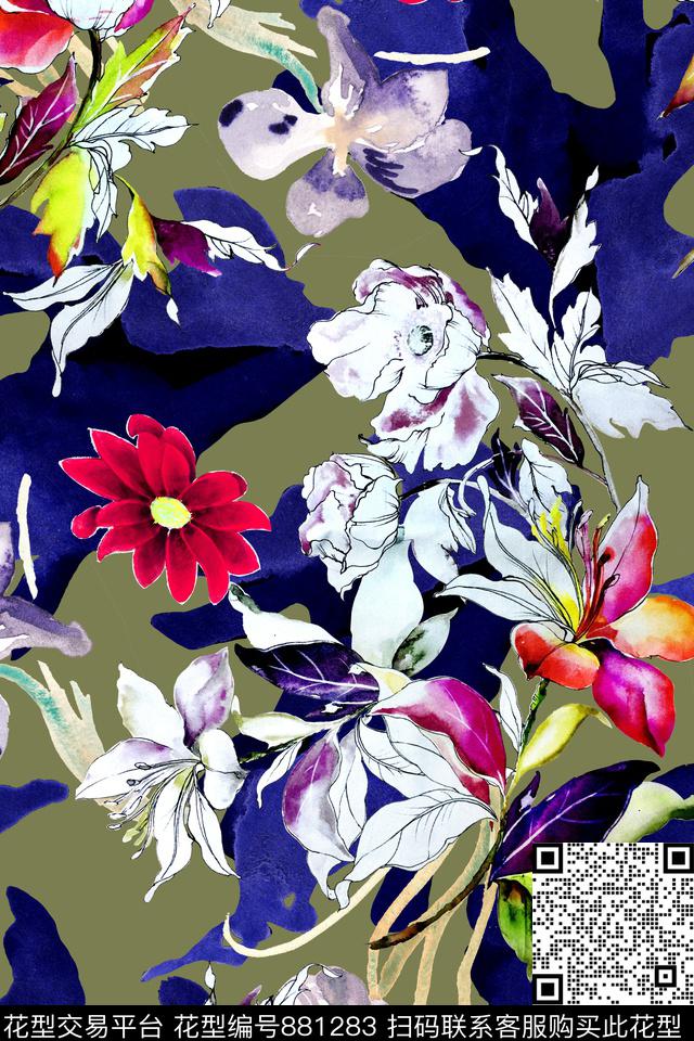 时尚手绘水彩数码印花华亿平台下载（图片编号: 881283） - 瓦栏（Walan）