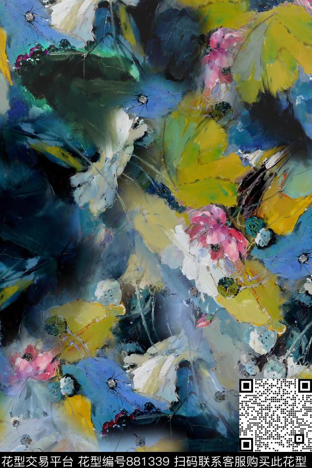国画花水墨荷花中国风数码印花华亿平台下载（图片编号: 881339） - 瓦栏（Walan）