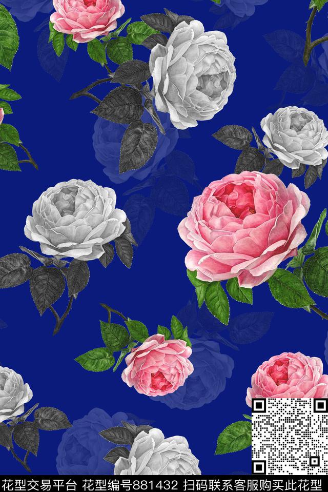 手绘花卉玫瑰花大花乱花数码印花华亿平台下载（图片编号: 881432） - 瓦栏（Walan）
