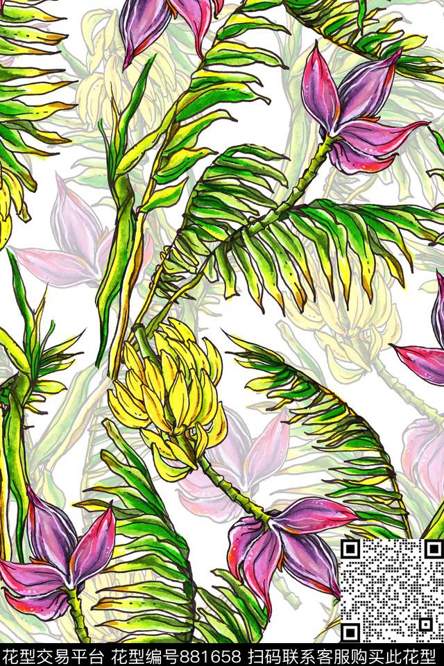 热带风棕榈叶香蕉叶数码印花华亿平台下载（图片编号: 881658） - 瓦栏（Walan）