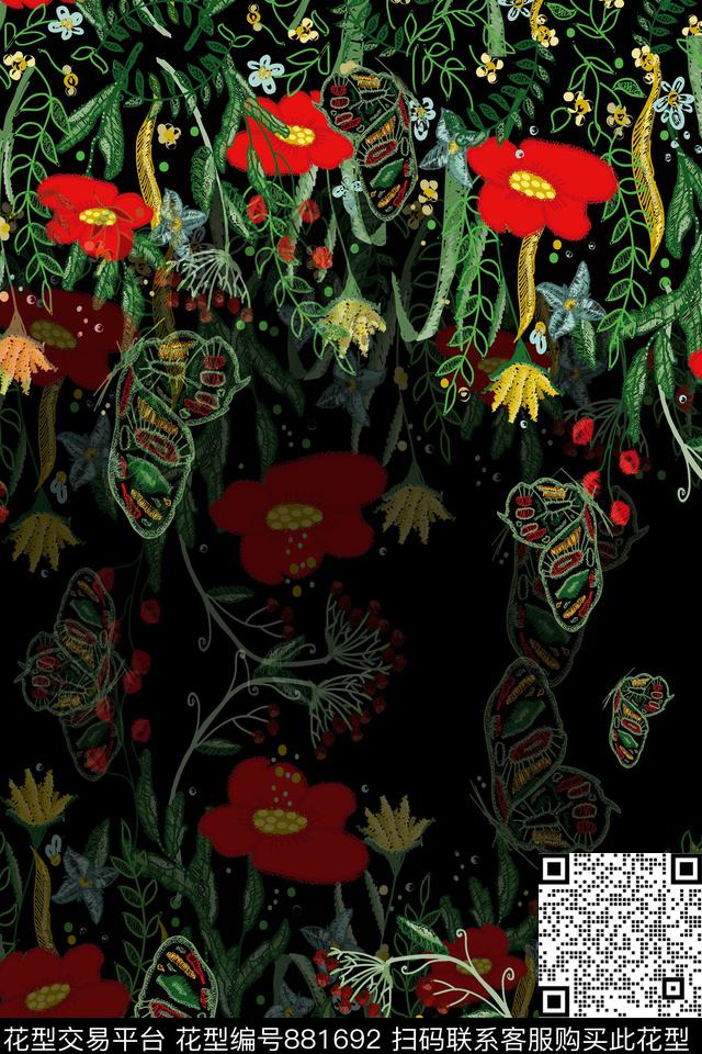 乱花玫瑰花鸟数码印花华亿平台下载（图片编号: 881692） - 瓦栏（Walan）