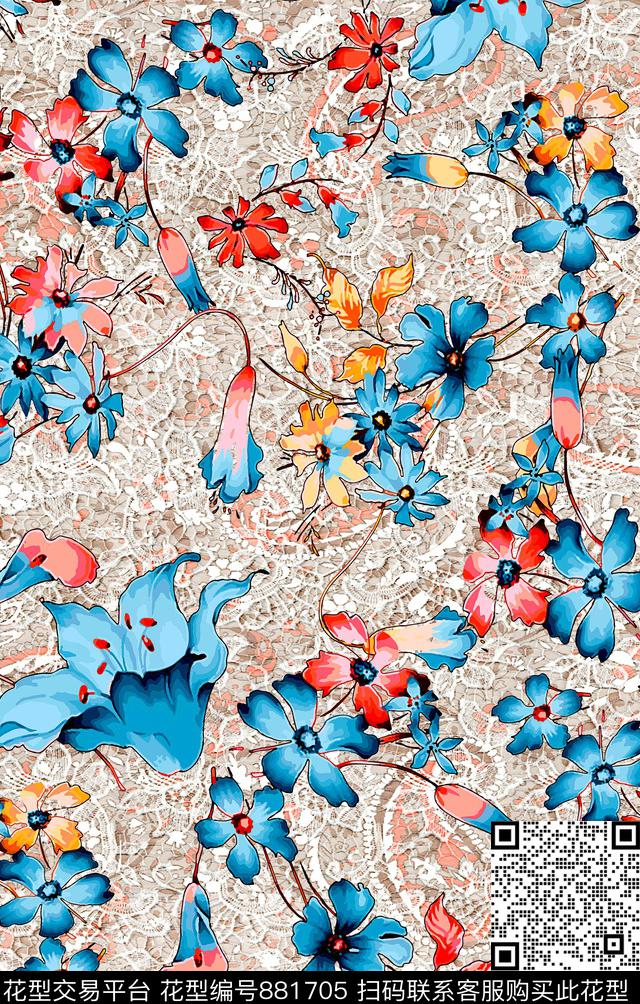 花卉水印蕾丝数码印花华亿平台下载（图片编号: 881705） - 瓦栏（Walan）