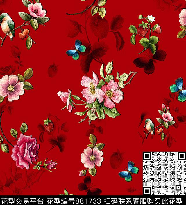 刺绣中国风花卉数码印花华亿平台下载（图片编号: 881733） - 瓦栏（Walan）