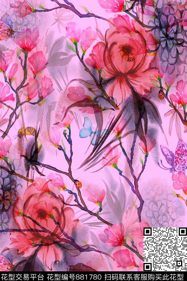 大花花卉花朵数码印花华亿平台下载（图片编号: 881780） - 瓦栏（Walan）