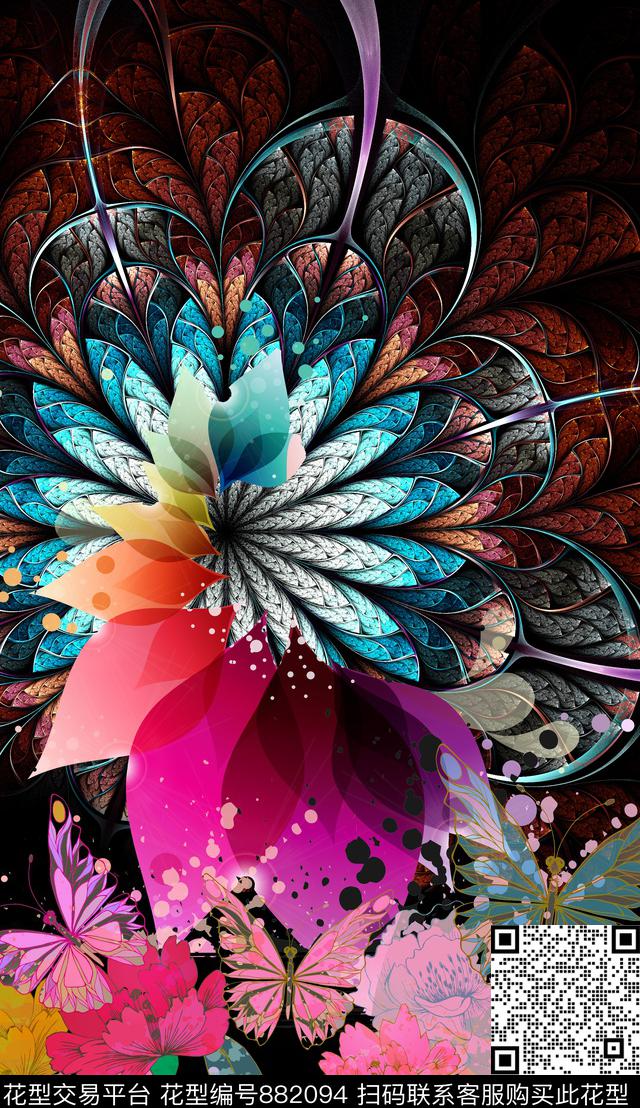 花纹花卉蝴蝶数码印花华亿平台下载（图片编号: 882094） - 瓦栏（Walan）