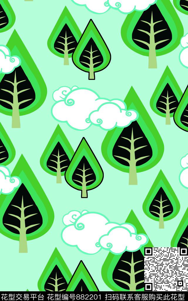 时尚写意云彩卡通树木传统印花华亿平台下载（图片编号: 882201） - 瓦栏（Walan）