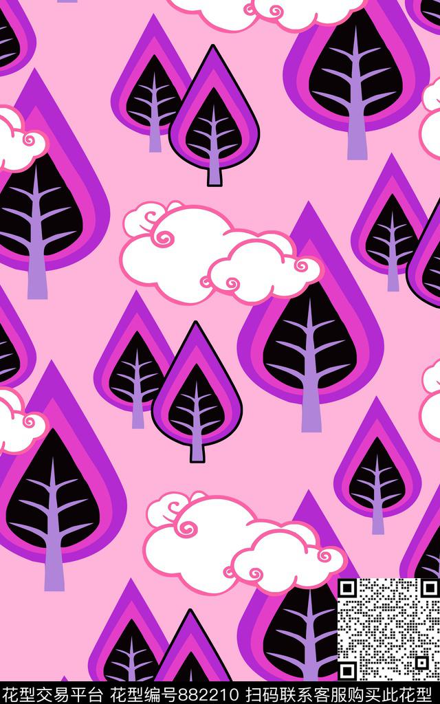 时尚写意云彩卡通树木传统印花华亿平台下载（图片编号: 882210） - 瓦栏（Walan）