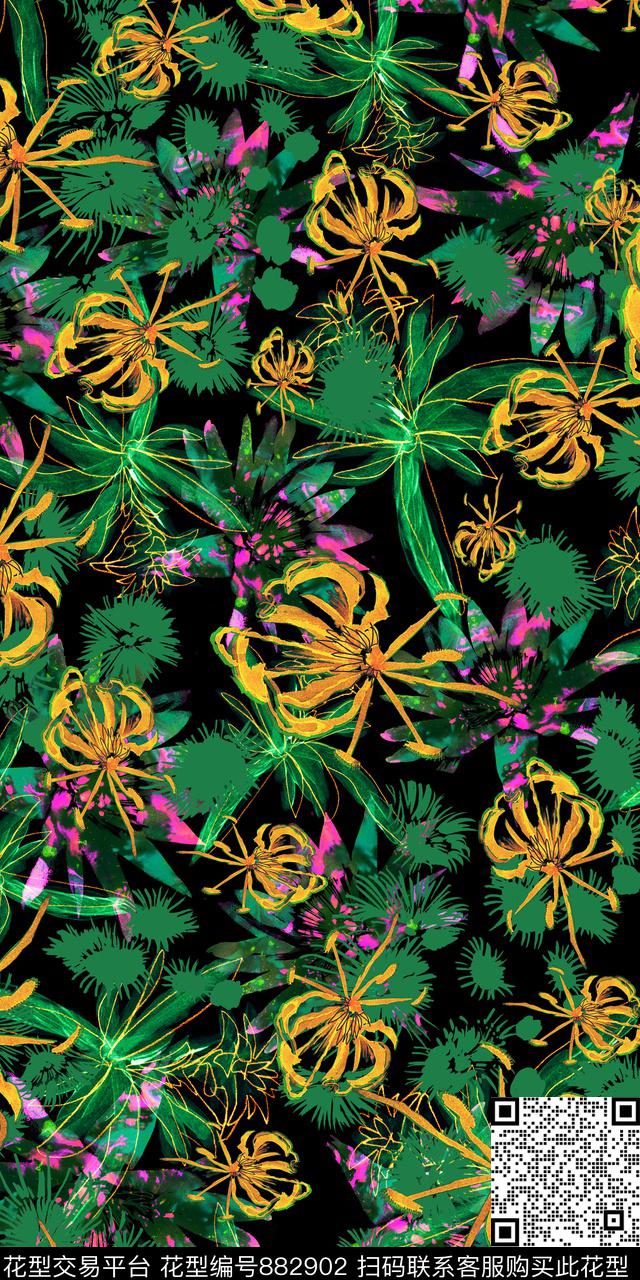 数码印花手绘热带植物数码印花华亿平台下载（图片编号: 882902） - 瓦栏（Walan）