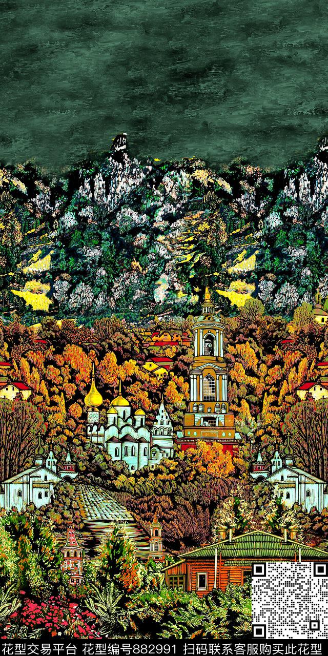 风景油画肌理数码印花华亿平台下载（图片编号: 882991） - 瓦栏（Walan）