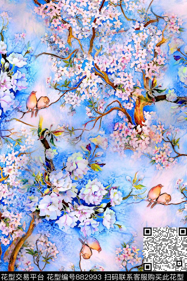 花卉中国风水彩数码印花华亿平台下载（图片编号: 882993） - 瓦栏（Walan）