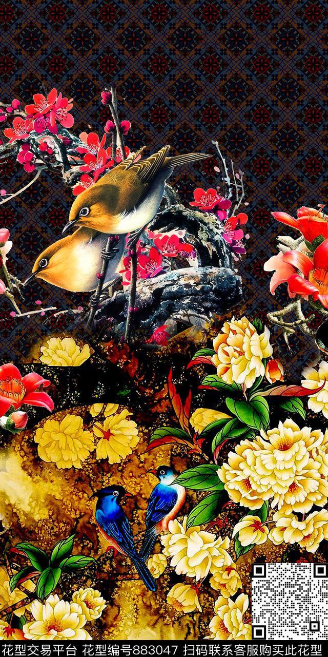 中国风花鸟花卉数码印花华亿平台下载（图片编号: 883047） - 瓦栏（Walan）
