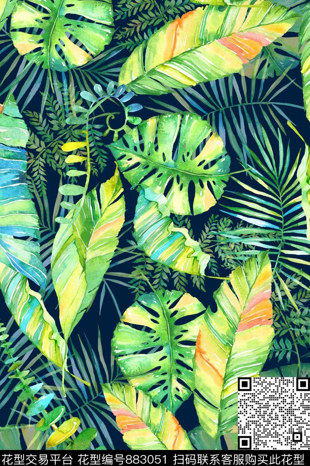 棕榈叶热带叶子数码印花华亿平台下载（图片编号: 883051） - 瓦栏（Walan）