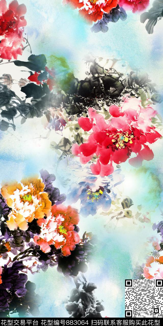 手绘数码印花水墨花卉数码印花华亿平台下载（图片编号: 883064） - 瓦栏（Walan）