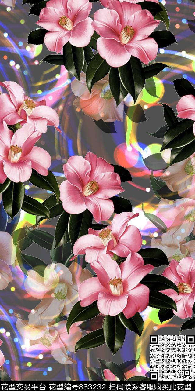 手绘水墨花卉数码印花数码印花华亿平台下载（图片编号: 883232） - 瓦栏（Walan）