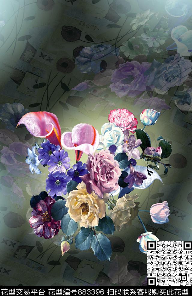 花卉定位花女装数码印花华亿平台下载（图片编号: 883396） - 瓦栏（Walan）