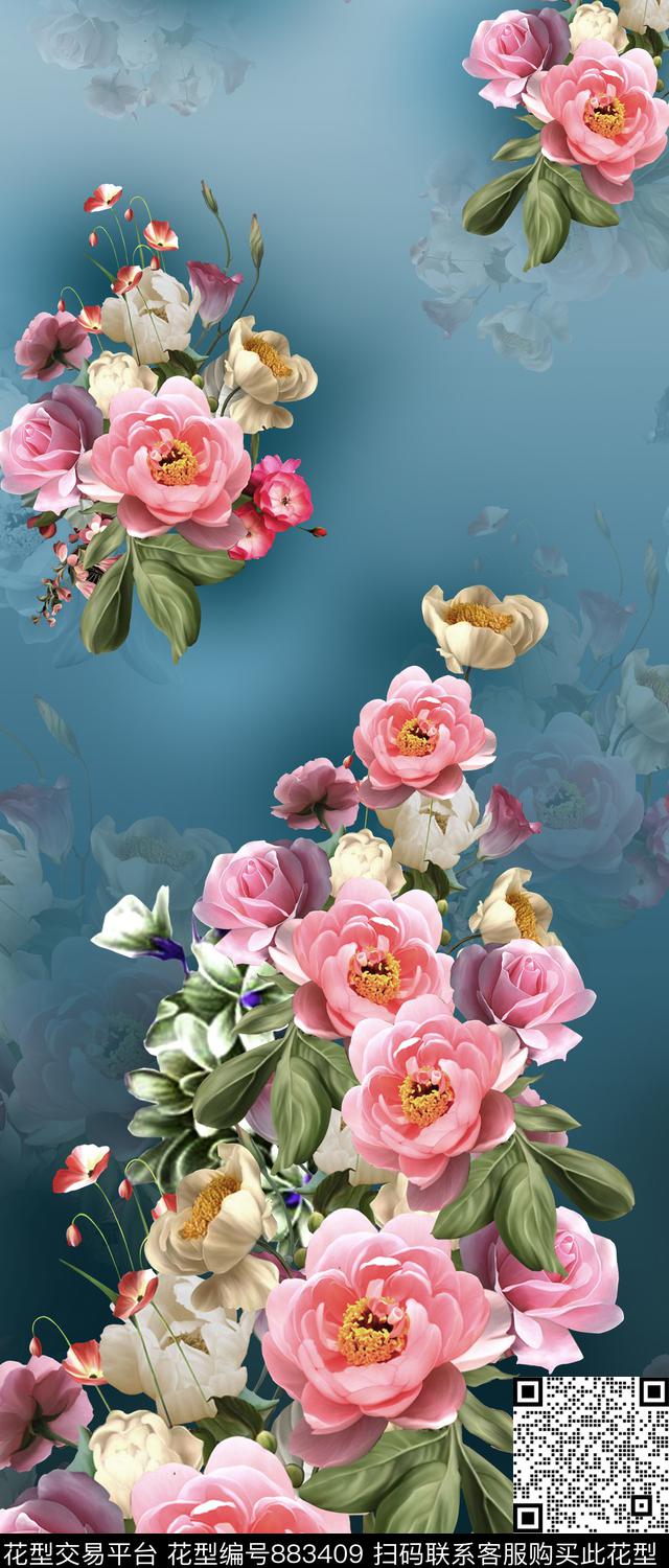 花朵手绘数码印花数码印花华亿平台下载（图片编号: 883409） - 瓦栏（Walan）