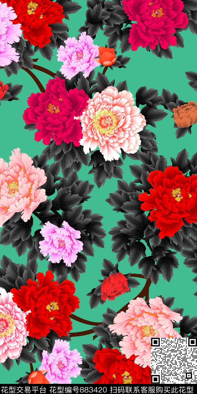水墨花卉手绘数码印花数码印花华亿平台下载（图片编号: 883420） - 瓦栏（Walan）