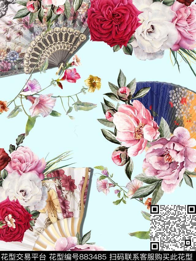 玫瑰牡丹兰花数码印花华亿平台下载（图片编号: 883485） - 瓦栏（Walan）