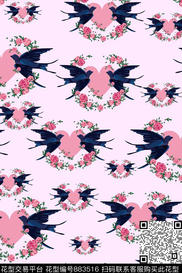 玫瑰花卉燕子传统印花华亿平台下载（图片编号: 883516） - 瓦栏（Walan）