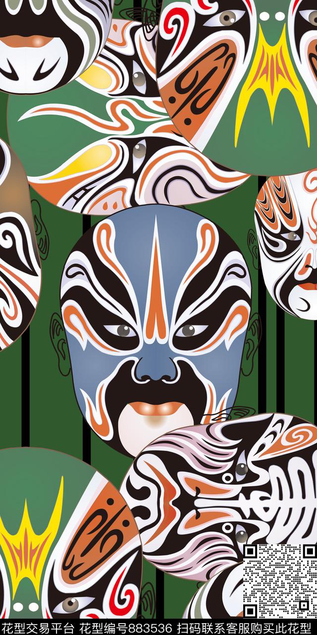 长巾脸谱线条传统印花华亿平台下载（图片编号: 883536） - 瓦栏（Walan）