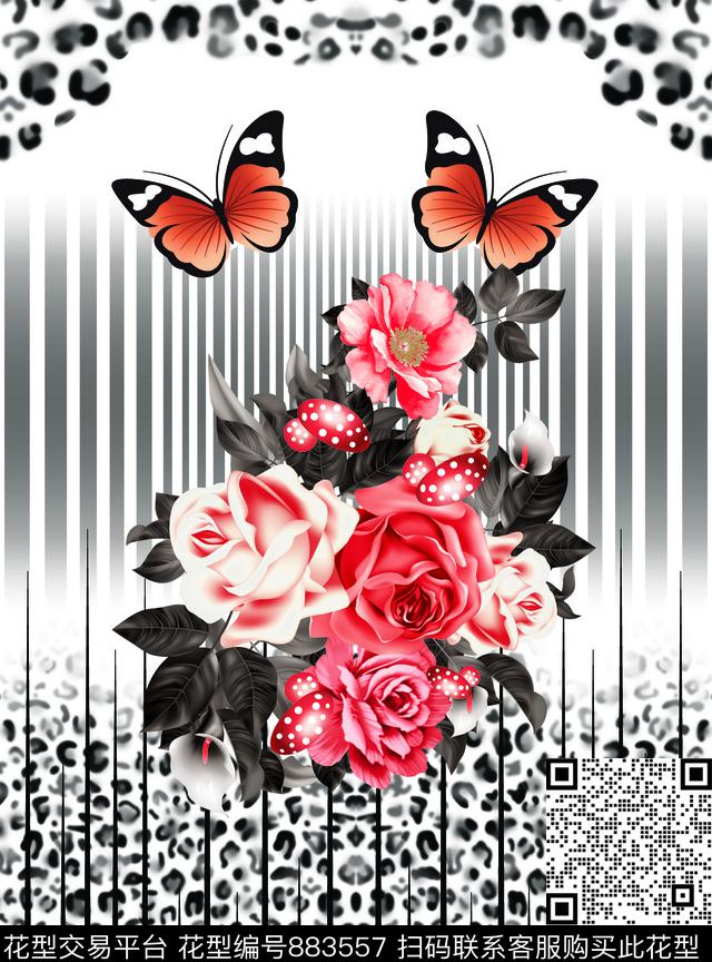 蝴蝶玫瑰花朵数码印花华亿平台下载（图片编号: 883557） - 瓦栏（Walan）