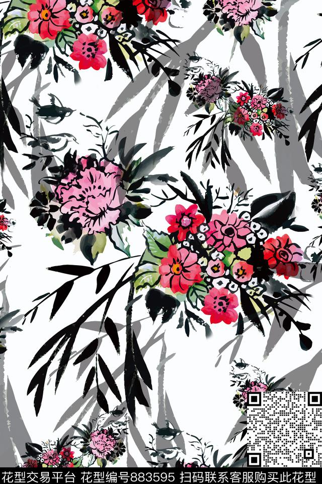 花鸟玫瑰竹叶数码印花华亿平台下载（图片编号: 883595） - 瓦栏（Walan）