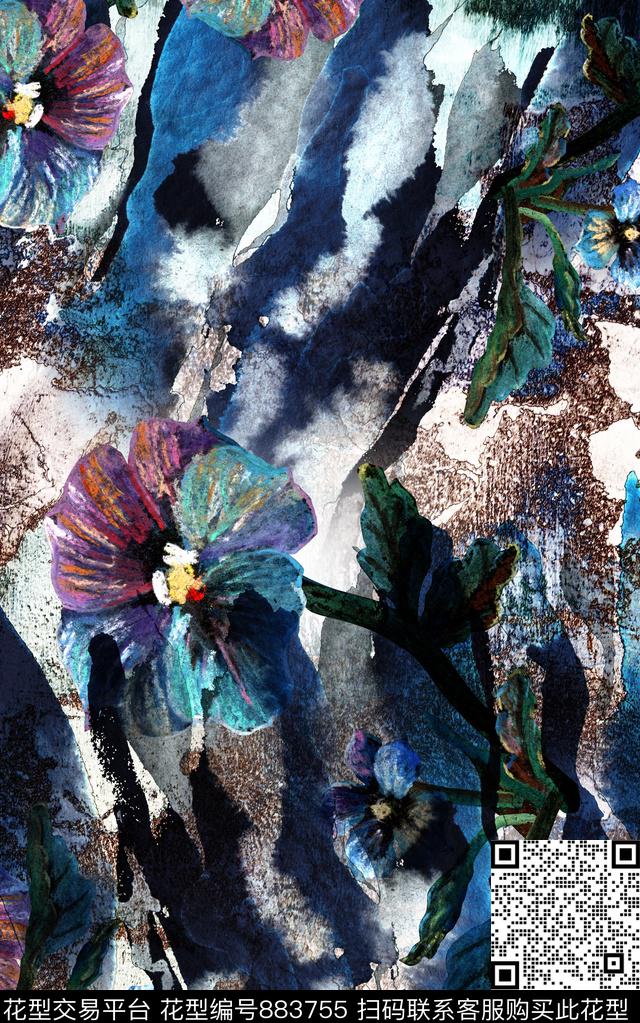 水彩手绘花卉斑驳水彩数码印花华亿平台下载（图片编号: 883755） - 瓦栏（Walan）