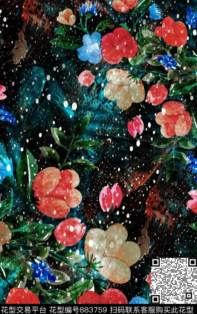 斑驳水彩手绘花卉水彩数码印花华亿平台下载（图片编号: 883759） - 瓦栏（Walan）