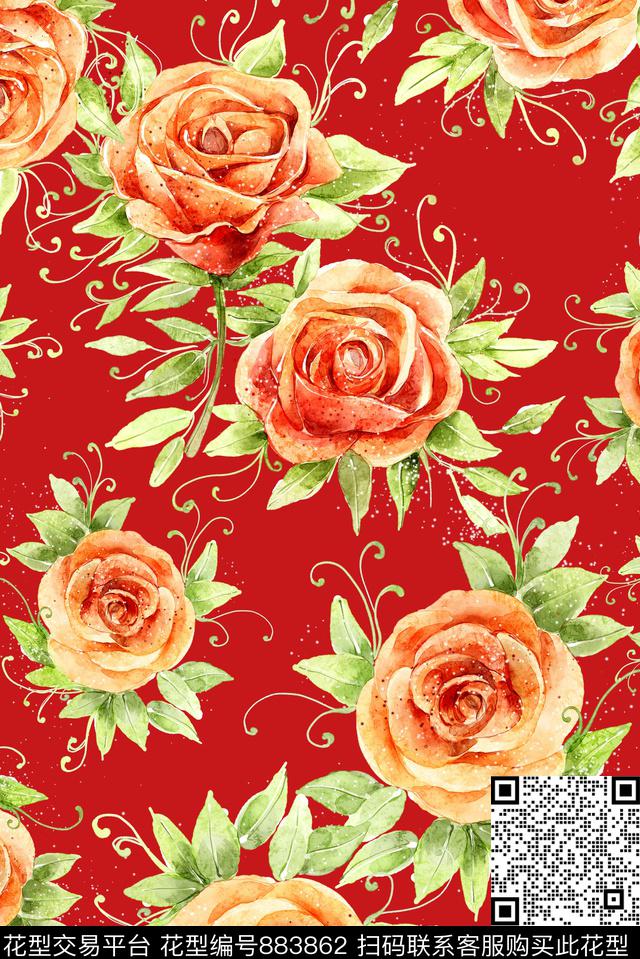 大朵玫瑰花卉数码印花华亿平台下载（图片编号: 883862） - 瓦栏（Walan）